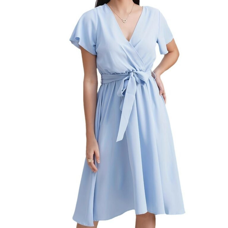 Short Sleeve Cross Collar Belt Solid Color Dress - Image 5