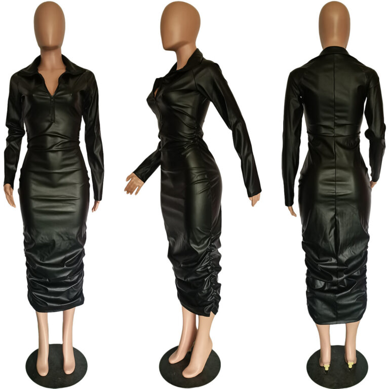 European And American Women's Clothing Solid Color Long Sleeve Pleated PU Zipper Dress - Image 5