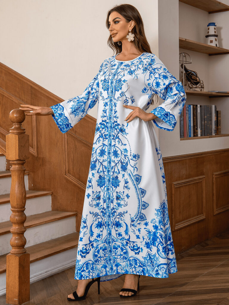 Muslim Robe Diamond Studded Bead Round Neck Dress - Image 7