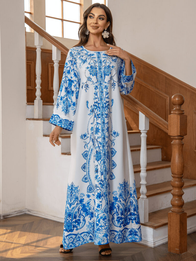 Muslim Robe Diamond Studded Bead Round Neck Dress - Image 2