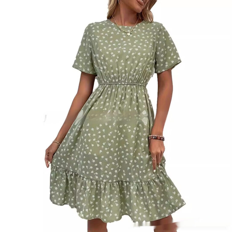 Women's Round Neck Floral Lotus Leaf Hem Temperament Dress - Image 5
