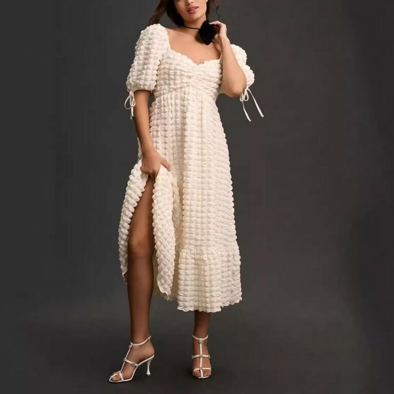 Puff Sleeve Lace-up Elegant Dress - Image 3
