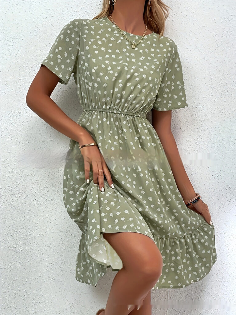 Women's Round Neck Floral Lotus Leaf Hem Temperament Dress - Image 6