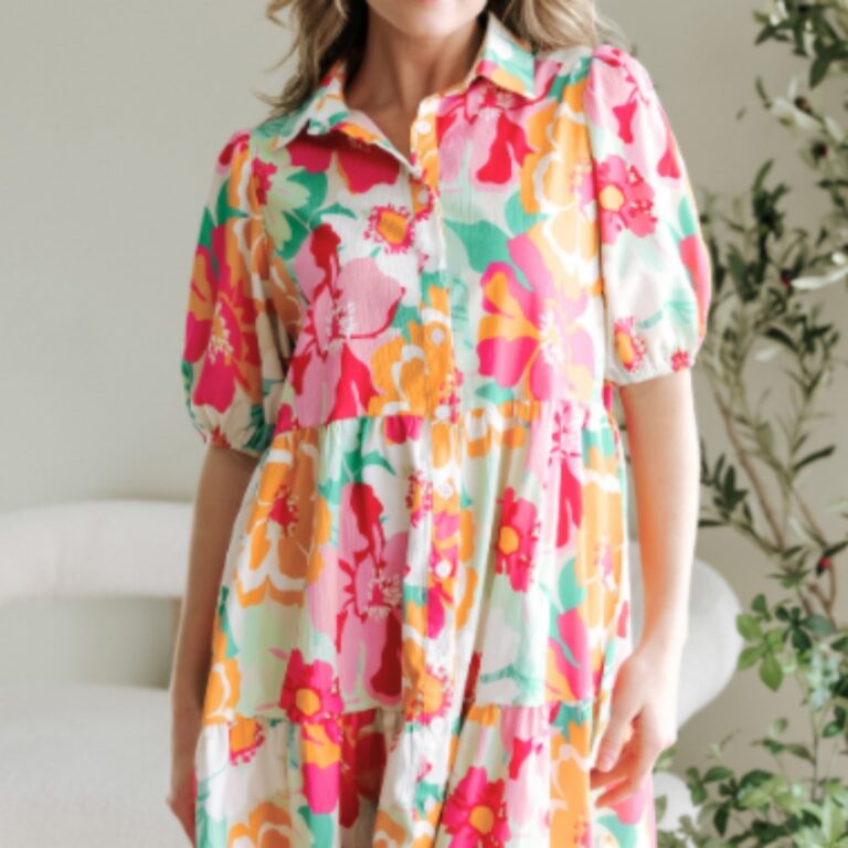 Flower Bubble Sleeve Collar Button Doll Dress
