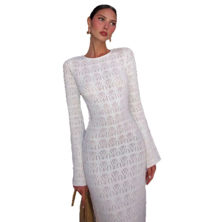 Round Neck Knitted Long Flared Sleeves Dress - Image 5