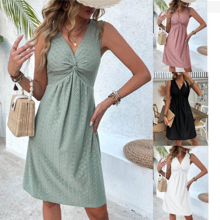 V-neck Knot Sleeveless Design Pleated Dress - Image 2