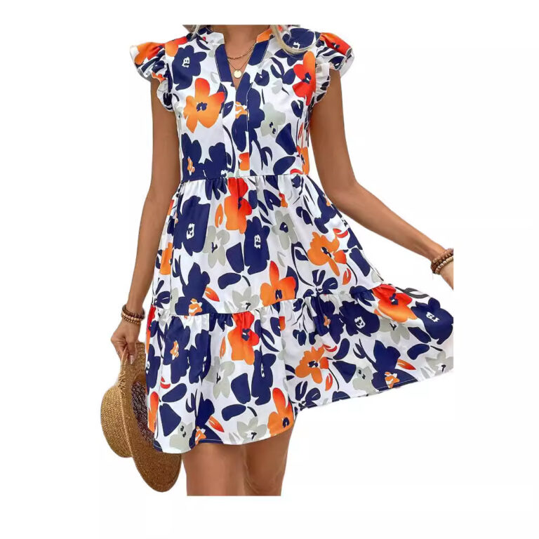 Printed Ruffled Hem Notched Collar Mini Bay Sleeve Dress - Image 5