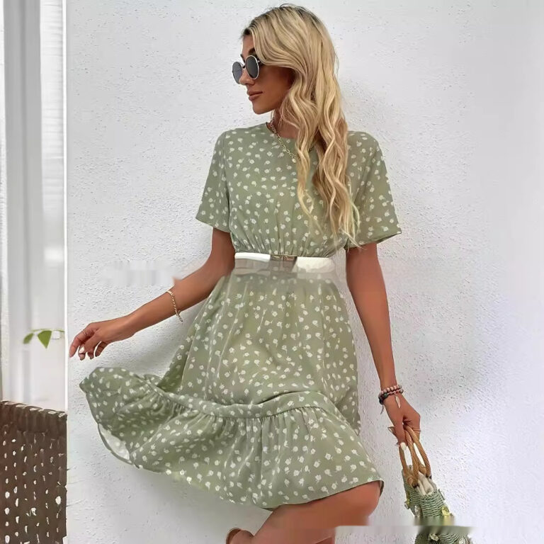 Women's Round Neck Floral Lotus Leaf Hem Temperament Dress - Image 4