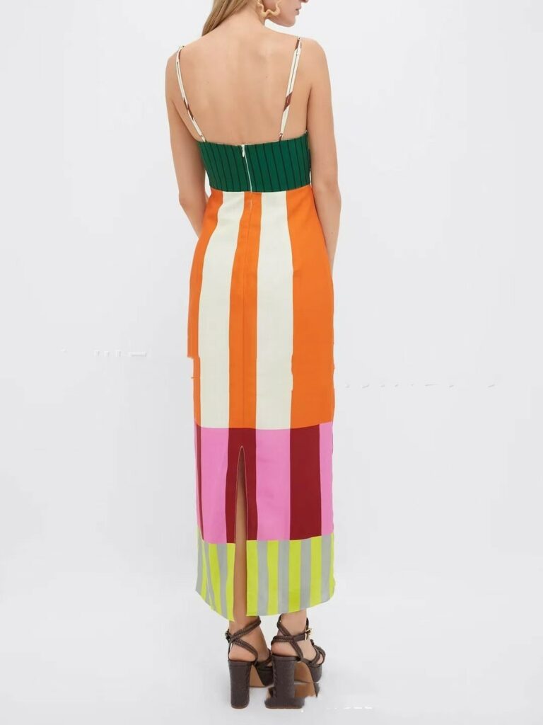 Women's Striped Dress Color Block Skinny Split Suspender Skirt - Image 4