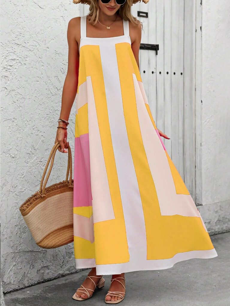 Women's Minimalist Asymmetrical Printed Spaghetti Strap Dress For Daily Wear Maxi Vacation Beach Outfit - Image 4