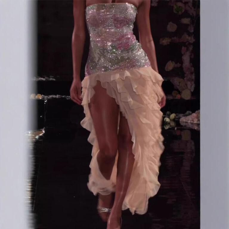 Ruffled Retro Irregular Mesh Dress - Image 4