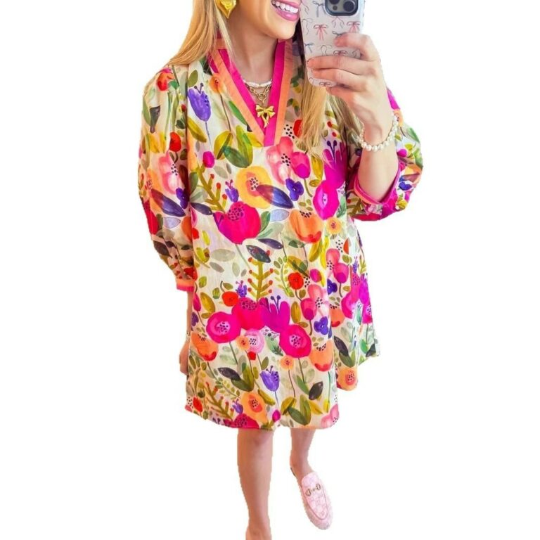 Floral Shading Three-quarter Sleeve 3D Printing Elegant Dress - Image 5