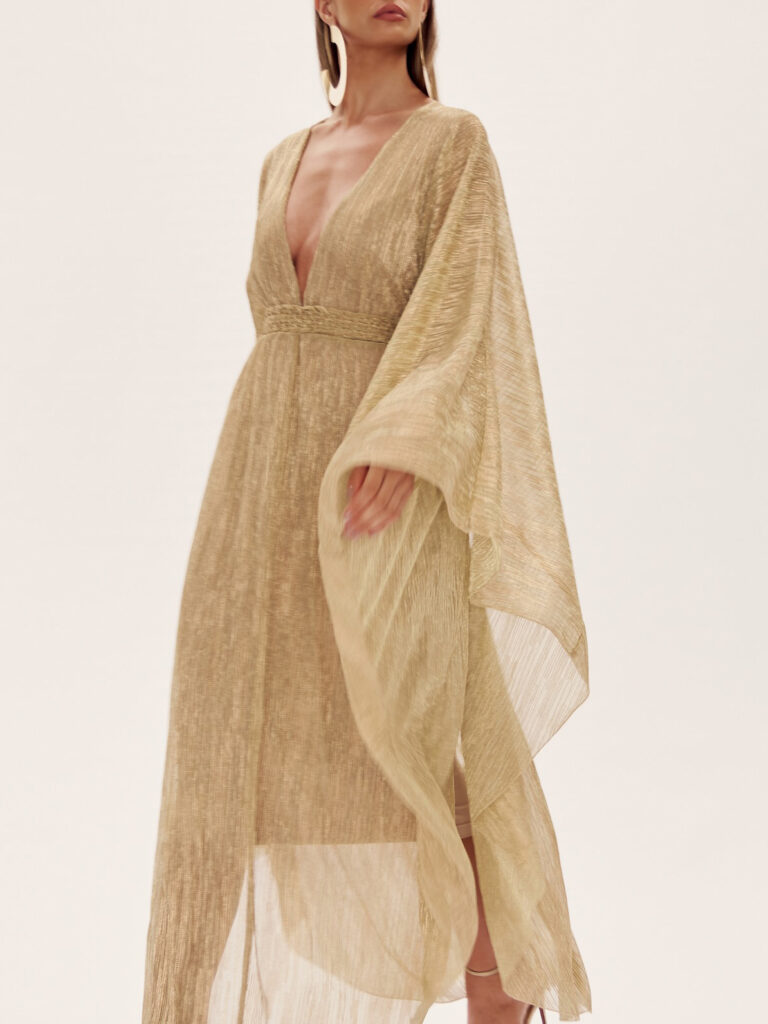 Champagne Deep V Pleated Dolman Sleeve Dress - Image 5