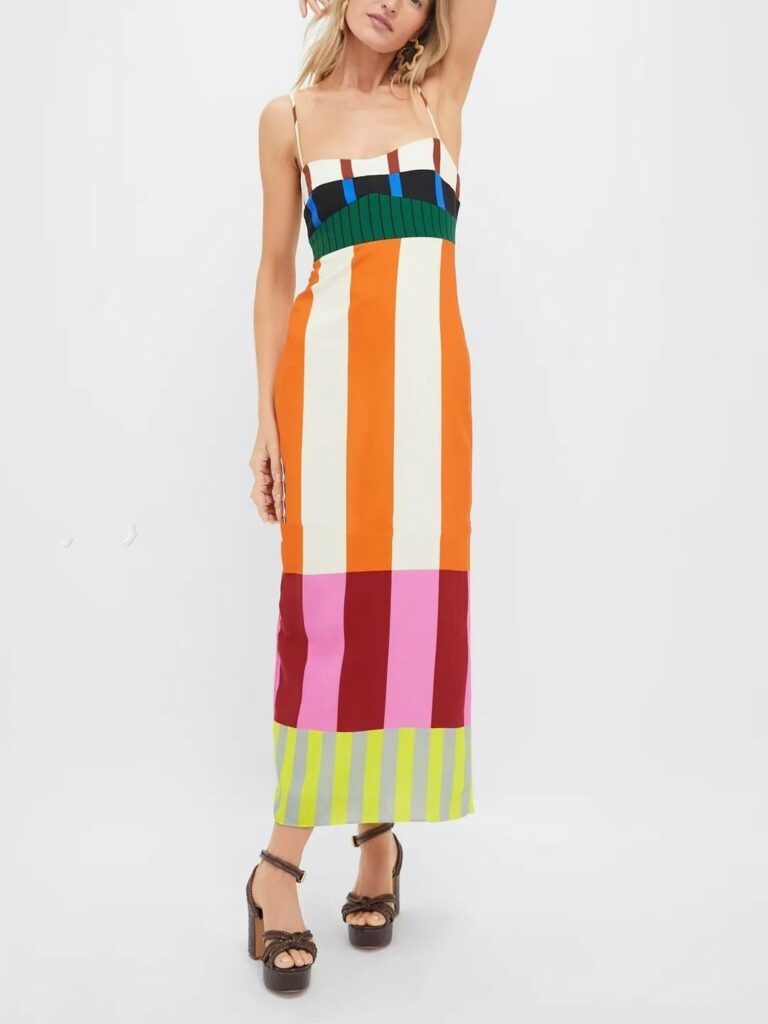 Women's Striped Dress Color Block Skinny Split Suspender Skirt - Image 5