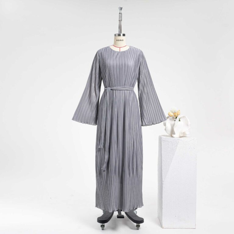 Women's Casual Solid Color Round-neck Flared Sleeves Pleated Robe Skirt - Image 5
