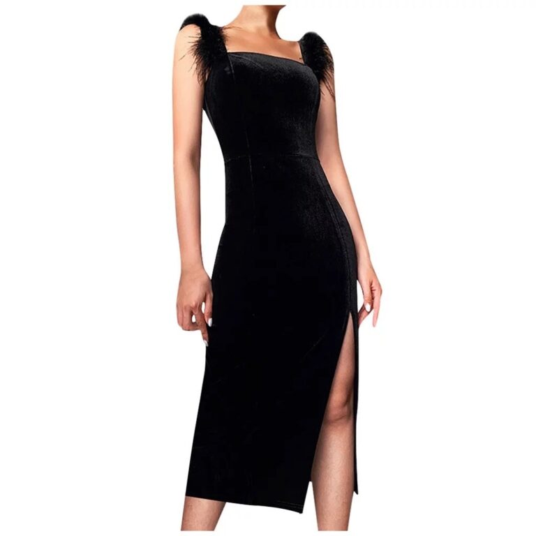 Elegant Slim Fit High Slit Sexy Pleuche Mid-length Dress - Image 3