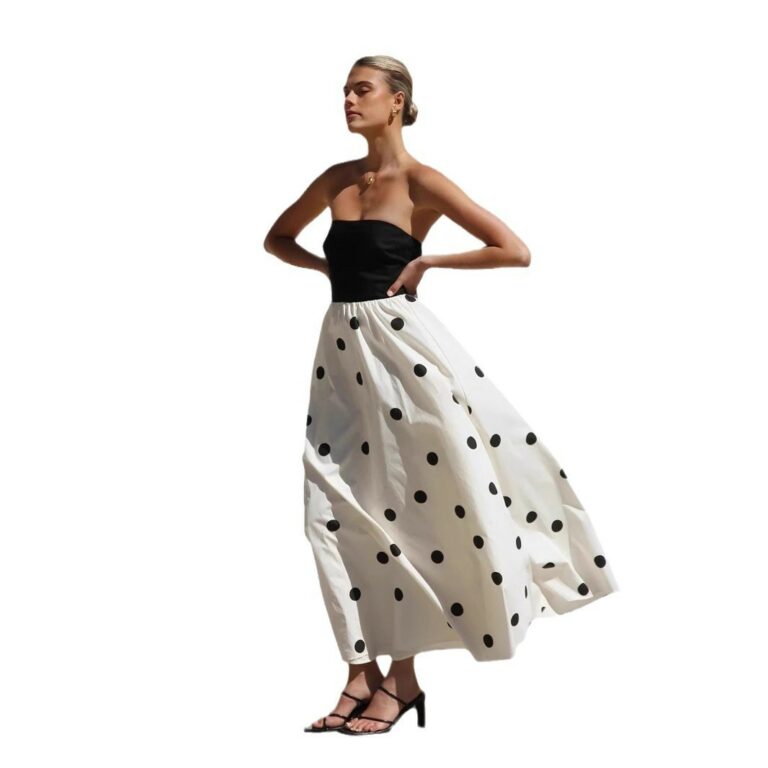 Polka Dot Print Stitching Chest Wrap A- Line Dress - Image 5