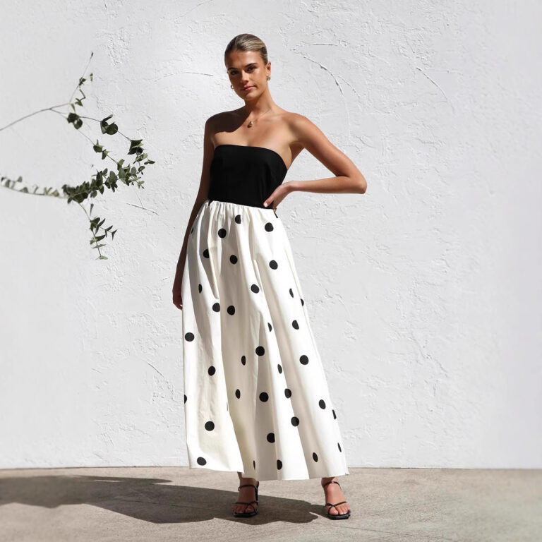 Polka Dot Print Stitching Chest Wrap A- Line Dress - Image 4