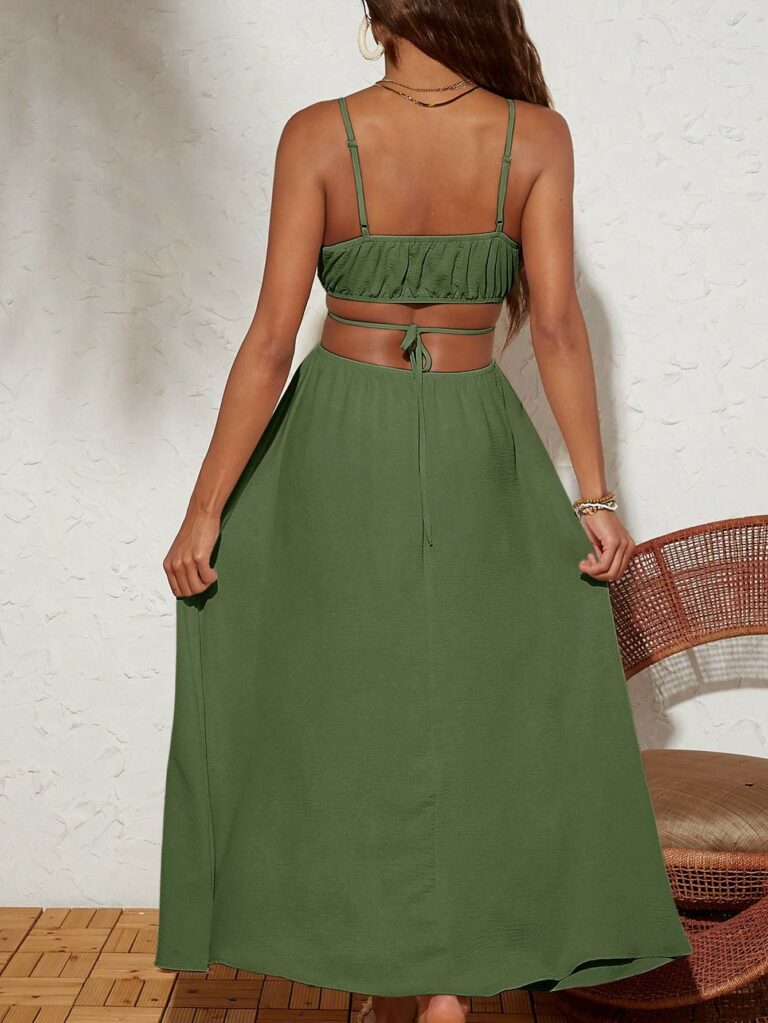 Solid Color Woven Backless Tie-Waist Dress For Vacation - Image 4