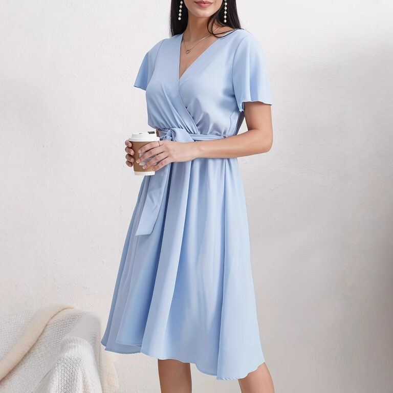 Short Sleeve Cross Collar Belt Solid Color Dress - Image 2