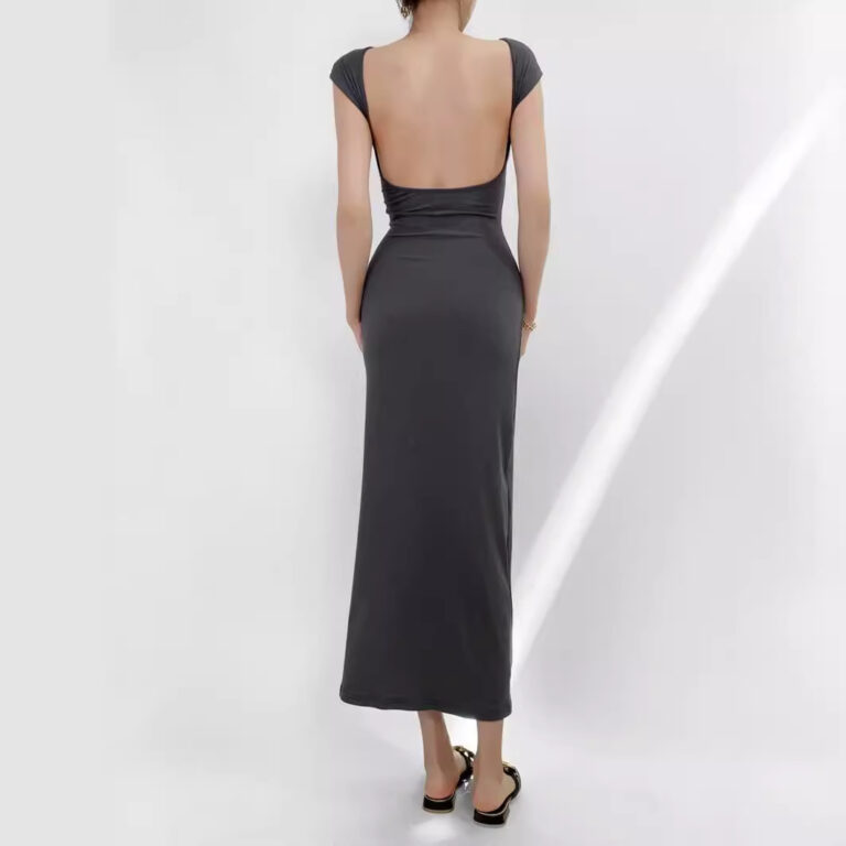Women's Backless Short Sleeve Dress Slim Fit Sheath Mid-length