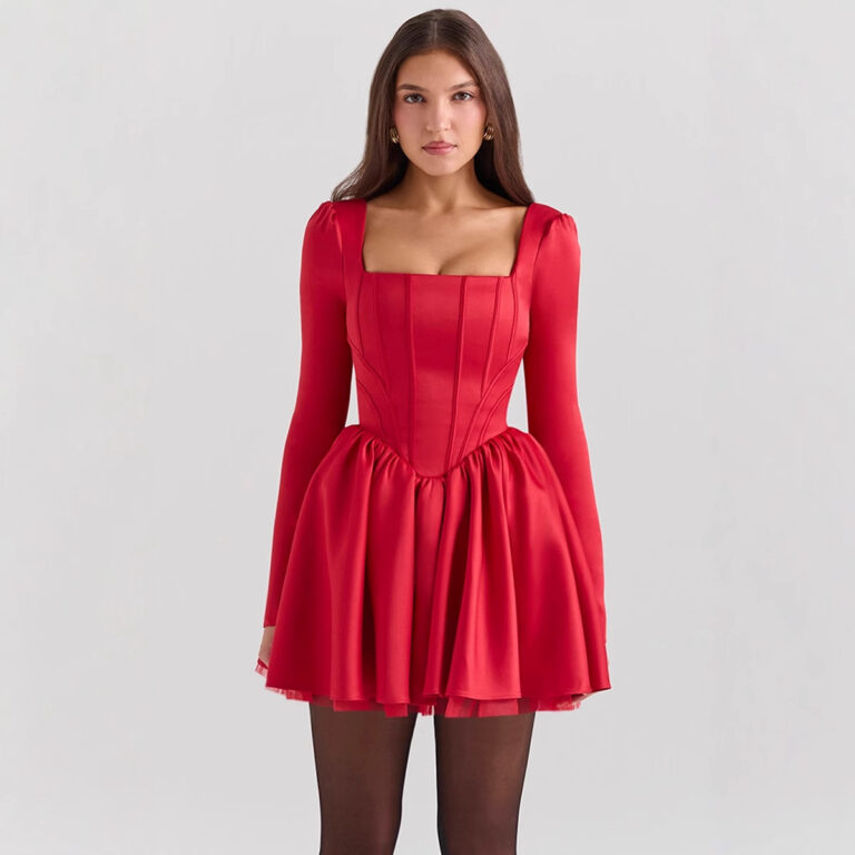 Square Collar Tube Top Fishbone Waist Slimming Dress