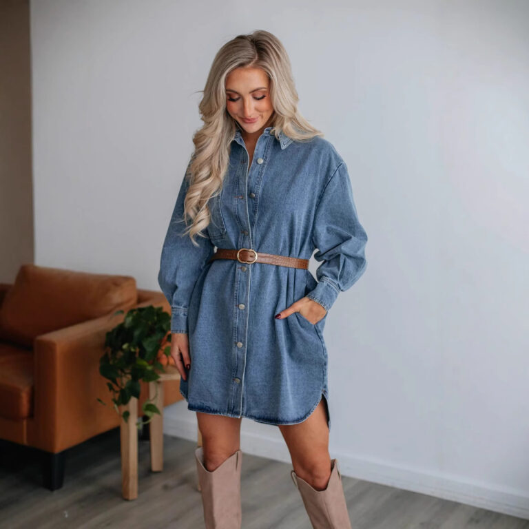 Casual Button Slimming Long Sleeve Denim Dress - Image 4