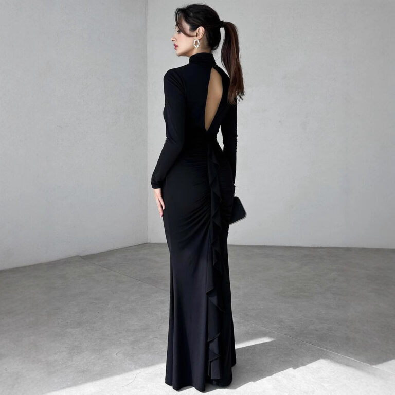 High Collar Hollow-out Slim-fit Pleated Solid Color Dress - Image 4