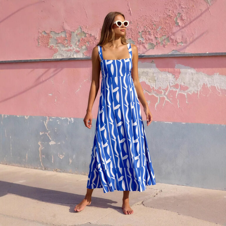 Vacation Style French Printed Long Dress Women - Image 4