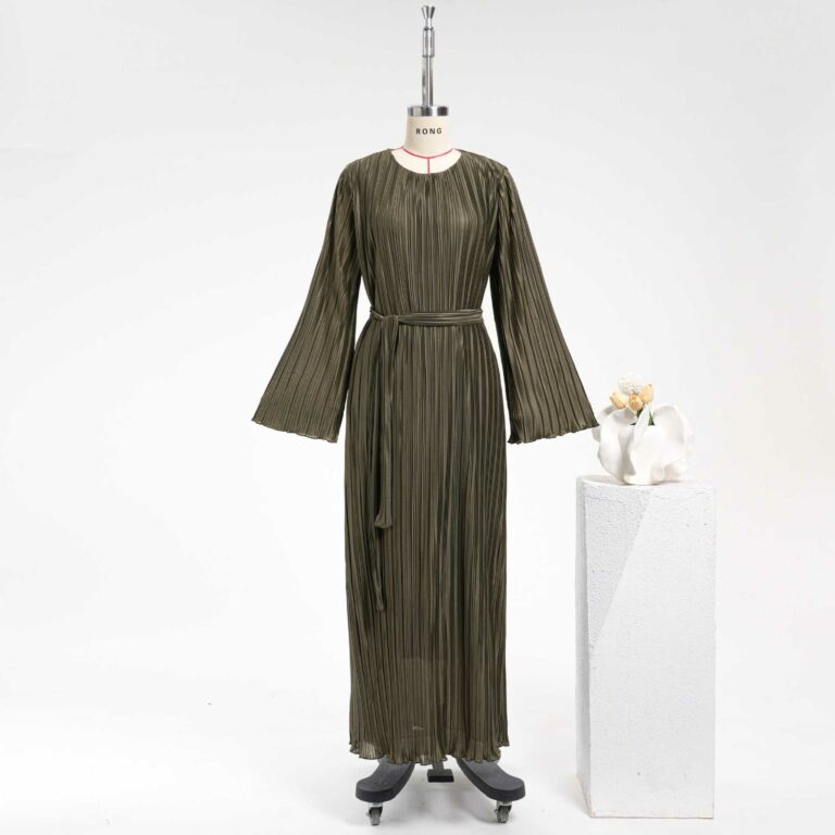 Women's Casual Solid Color Round-neck Flared Sleeves Pleated Robe Skirt - Image 3