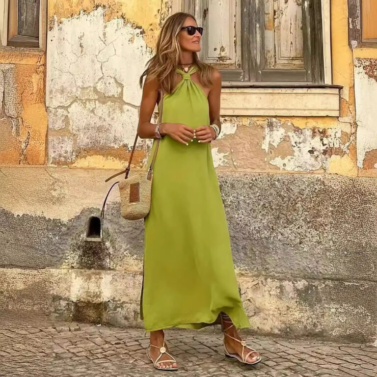 Solid Color Long Dress Neckline Knotted Suspenders Dress - Image 2