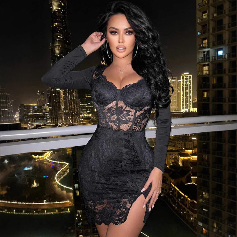 Lace Decor Cups Detail Long Sleeve Sexy European And American Dress