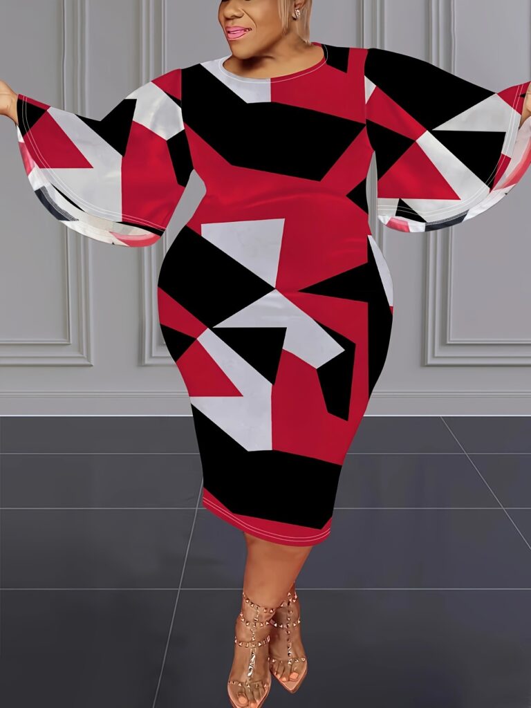 Contrast Color Geometric Print Loose Large Bell Sleeve Dress - Image 6