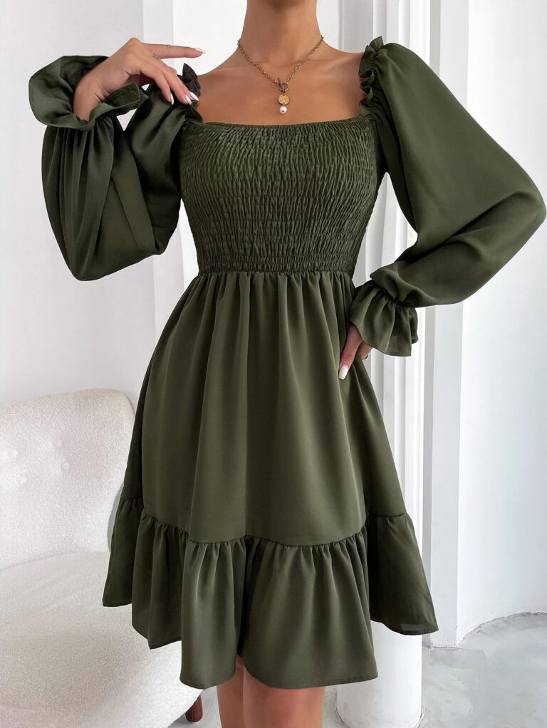 Square Collar Parallel Crepe Sewed Ruffled Hem Dress - Image 7