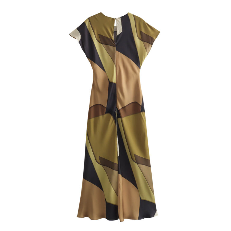 Pleated Printed Silk Satin Texture Long Dress Women - Image 5