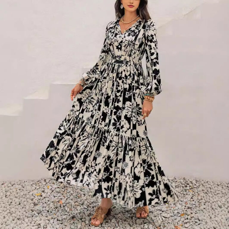 Spring And Autumn Full Printed Lantern Sleeve Dress - Image 2