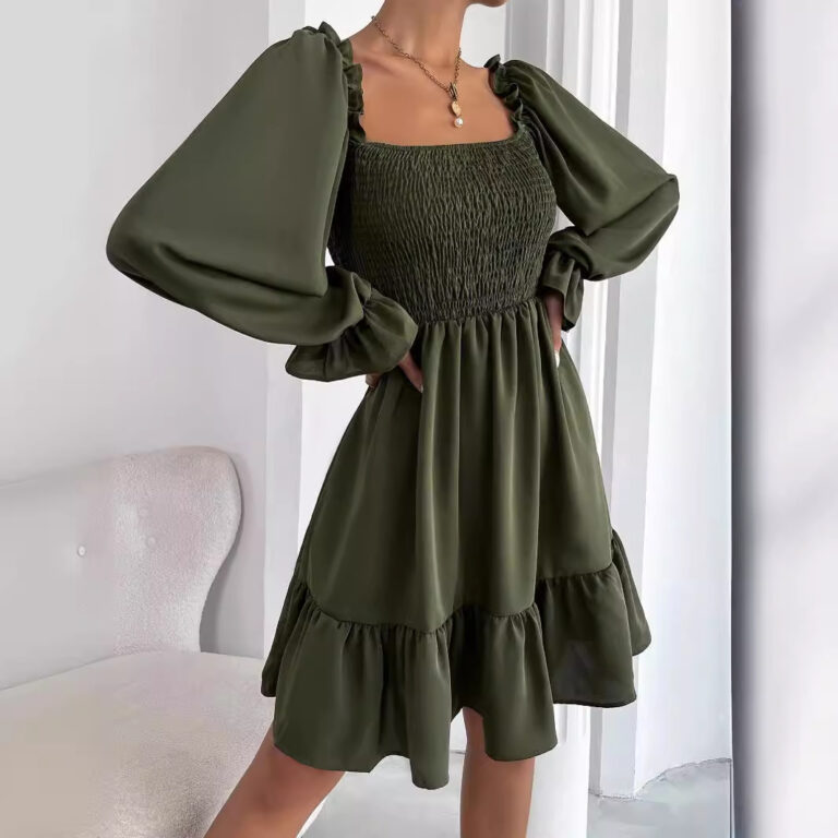 Square Collar Parallel Crepe Sewed Ruffled Hem Dress - Image 3