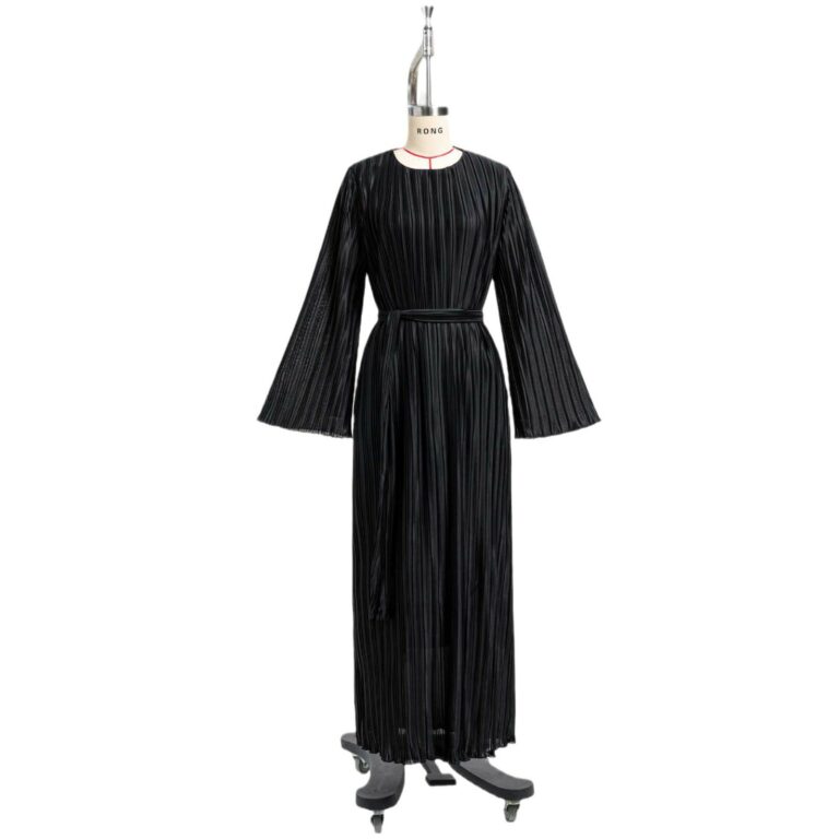 Women's Casual Solid Color Round-neck Flared Sleeves Pleated Robe Skirt - Image 4