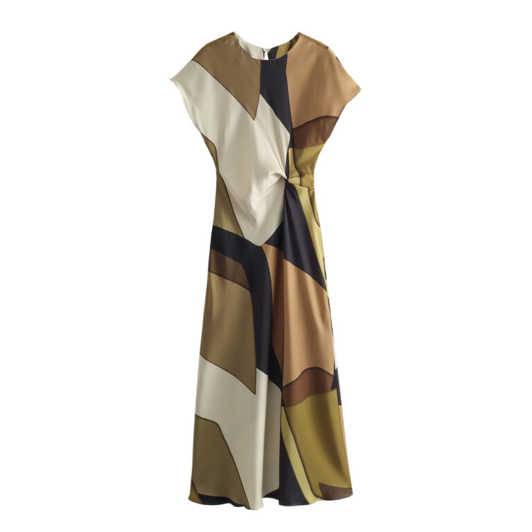 Pleated Printed Silk Satin Texture Long Dress Women - Image 6