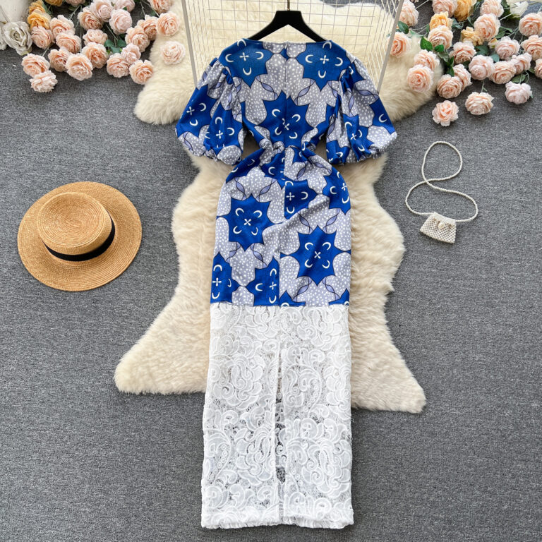 Women's Printed Color Contrast Patchwork Long Lace Dress - Image 4