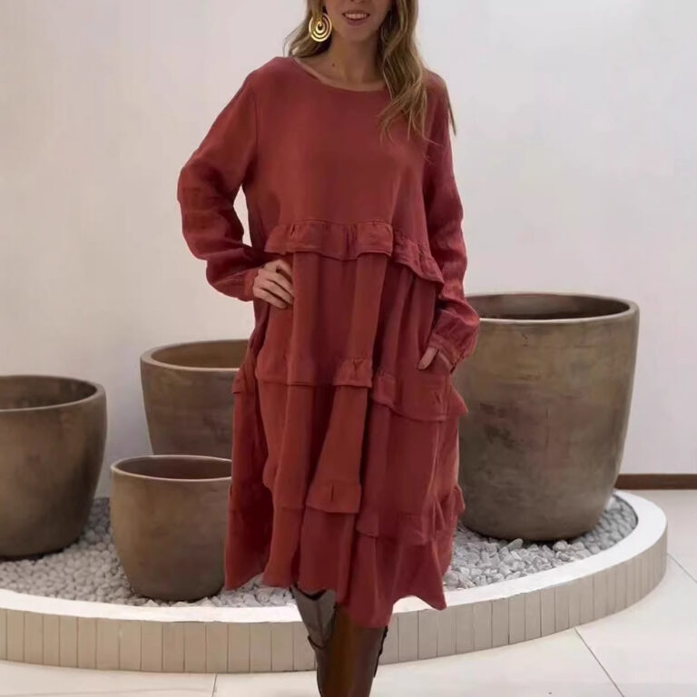 Women's Long Sleeve Patchwork Round Neck Ruffles Dress - Image 3