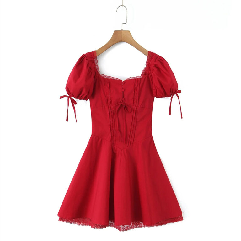 Women's Fashion Lace Puff Short Sleeve Dress - Image 5
