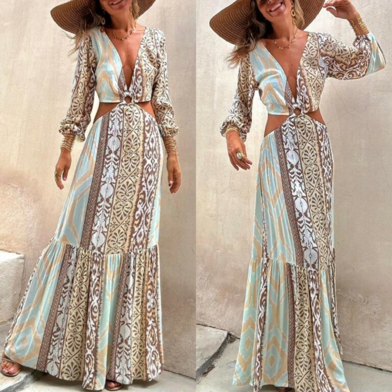 Printed V-neck Midriff Outfit Lace Long Sleeve Dress