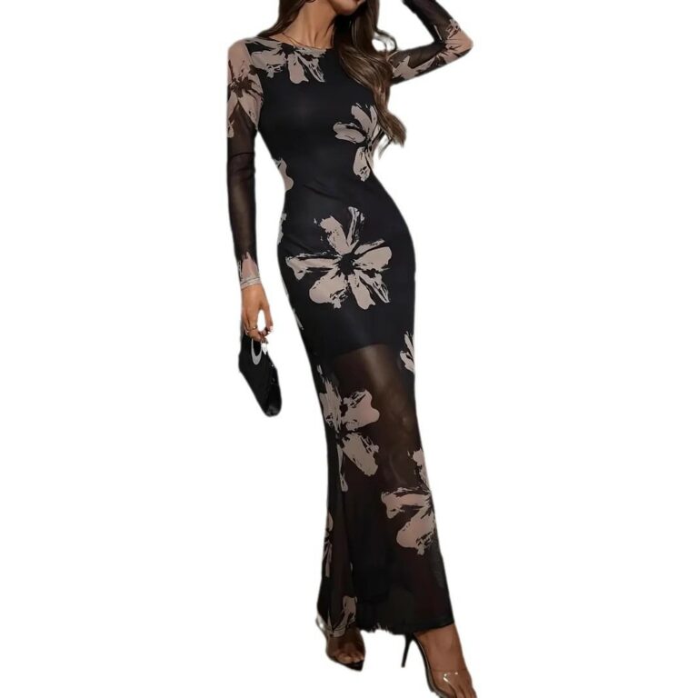 Slim-fit Sand Floral Pattern Elegant Floral Print Dress - Image 5