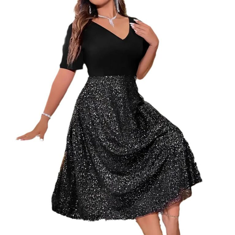 Random Point Hot Silver V-neck Short Sleeve A- Line Skirt Plus Size Women's Clothing Dress - Image 5