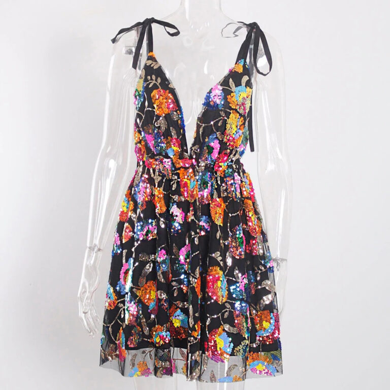 V Backless Sequins Floral Tie-neck Short - Image 3