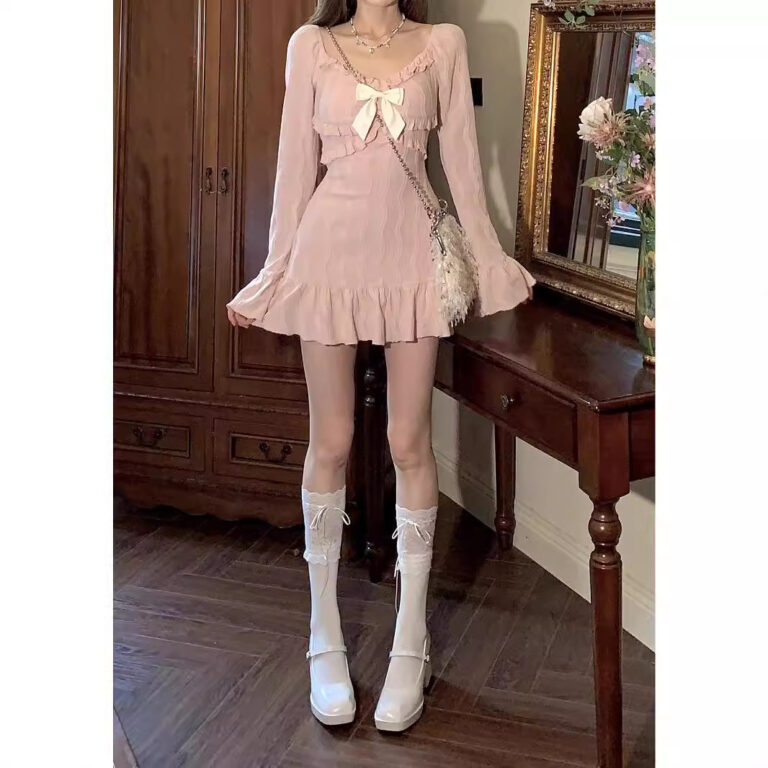 Bow Cute Horn Long Sleeve Narrow Short Dress - Image 2