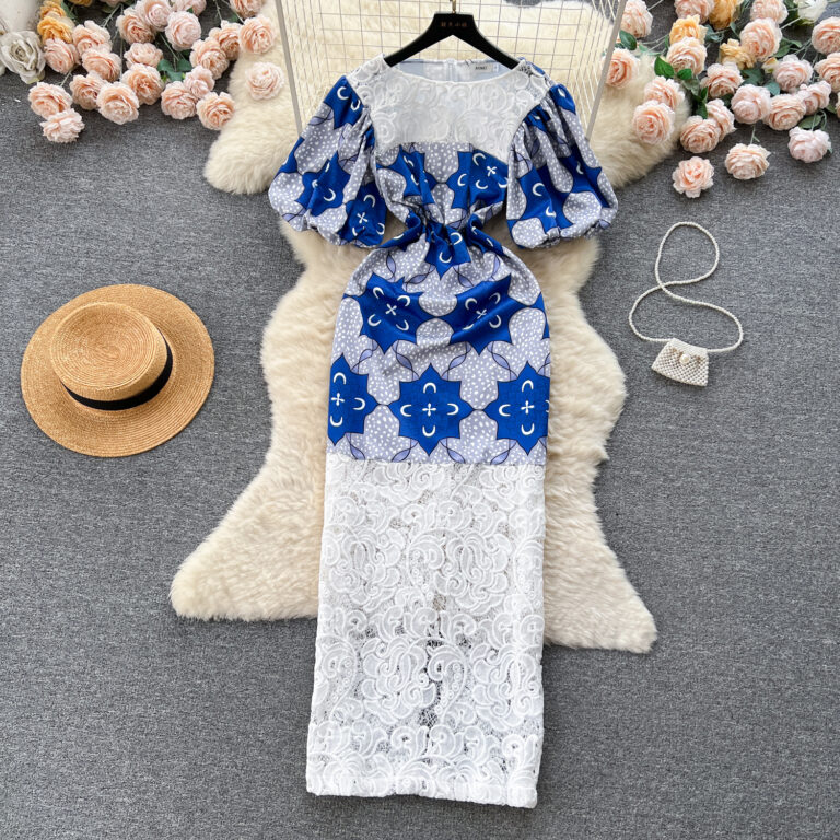 Women's Printed Color Contrast Patchwork Long Lace Dress