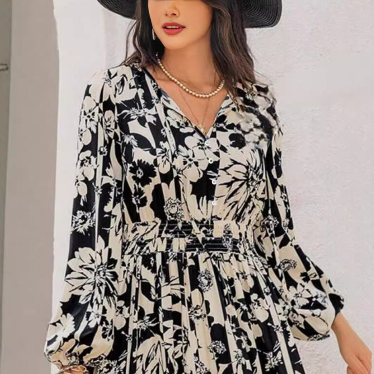 Spring And Autumn Full Printed Lantern Sleeve Dress - Image 3