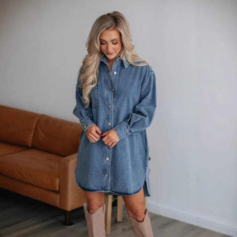 Casual Button Slimming Long Sleeve Denim Dress - Image 3